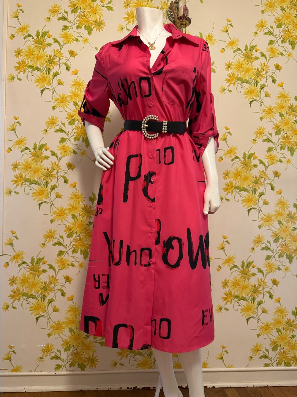 Women's Pink Shirt Dress with Graphic Print